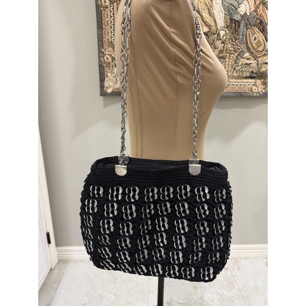 Shoulder Bag Womens Medium Black‎ Knit Chain Strap Aluminum Pop Tab Purse Boho
